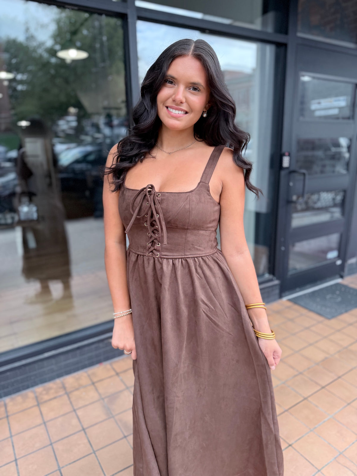Chocolate Brown Lace-Up Midi Dress