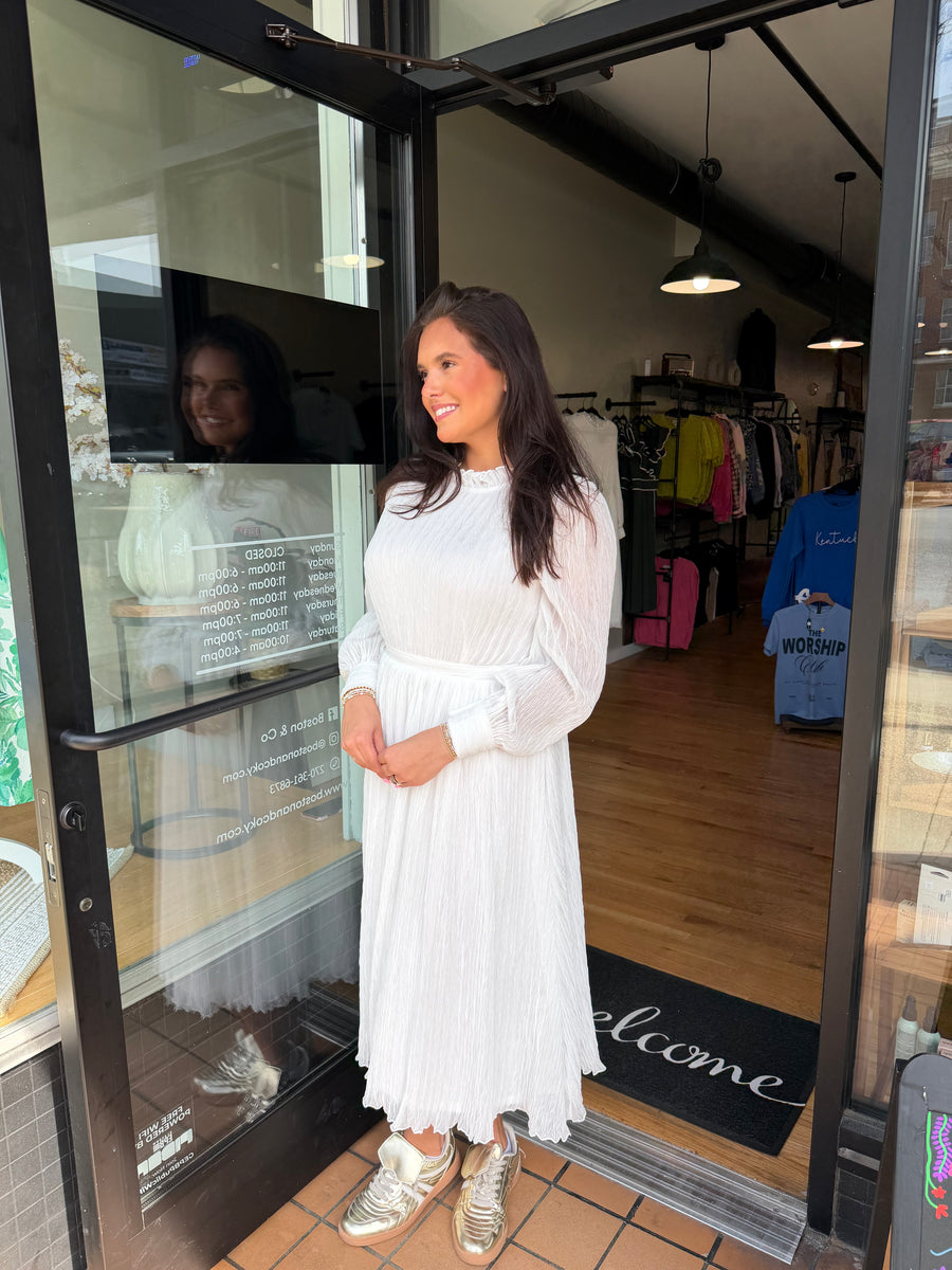 White Textured Ruffle Neck Midi Dress