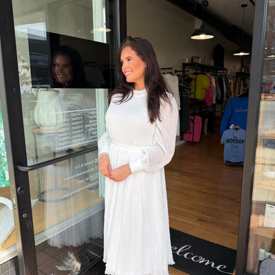 White Textured Ruffle Neck Midi Dress