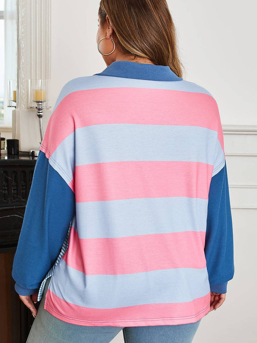 Blue Stripe Color block Patchwork Pullover