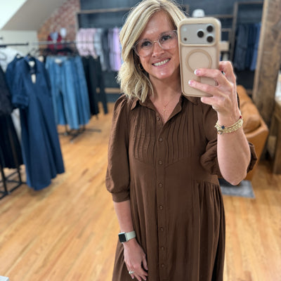 Chocolate Brown Pintuck Button-Front Midi Dress