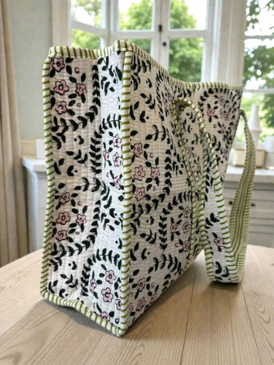 Camila Green Leaf Floral Tote Bag