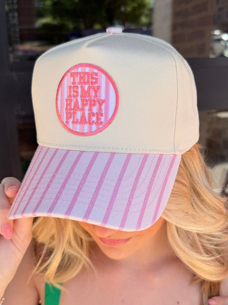 This Is My Happy Place Pink Pinstripe Trucker Hat