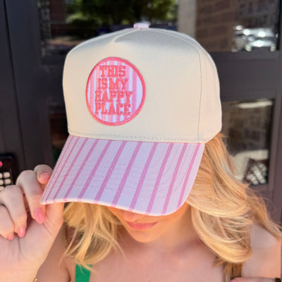 This Is My Happy Place Pink Pinstripe Trucker Hat