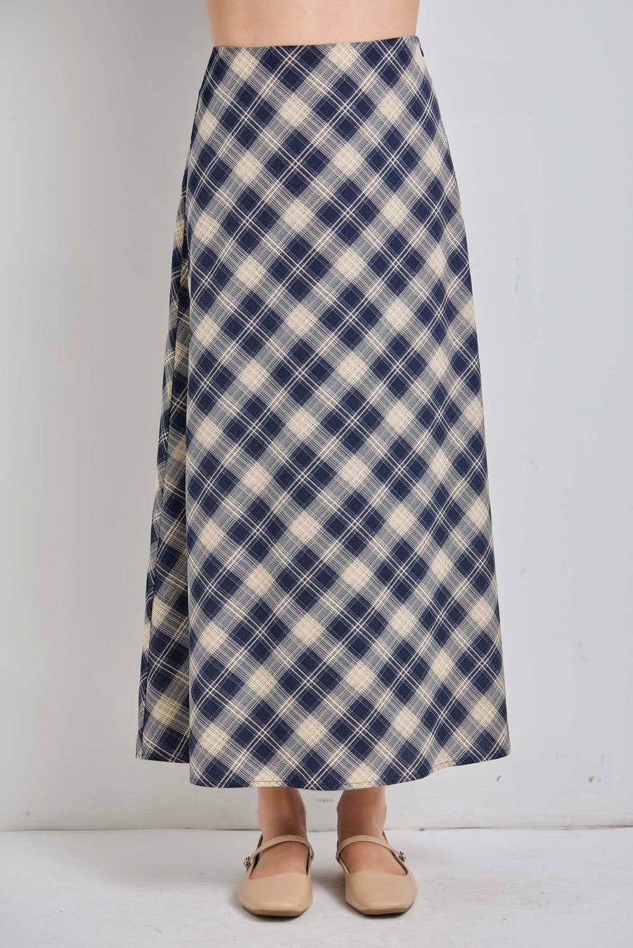 Navy & Cream Plaid Maxi Skirt