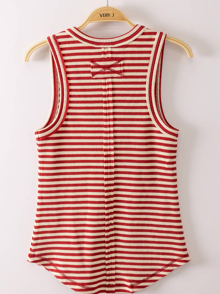 Red & Ivory Striped Ribbed Henley Tank Top