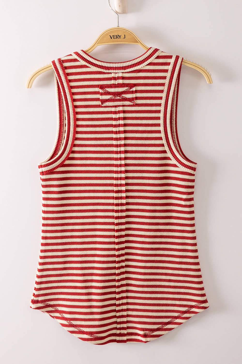 Red & Ivory Striped Ribbed Henley Tank Top