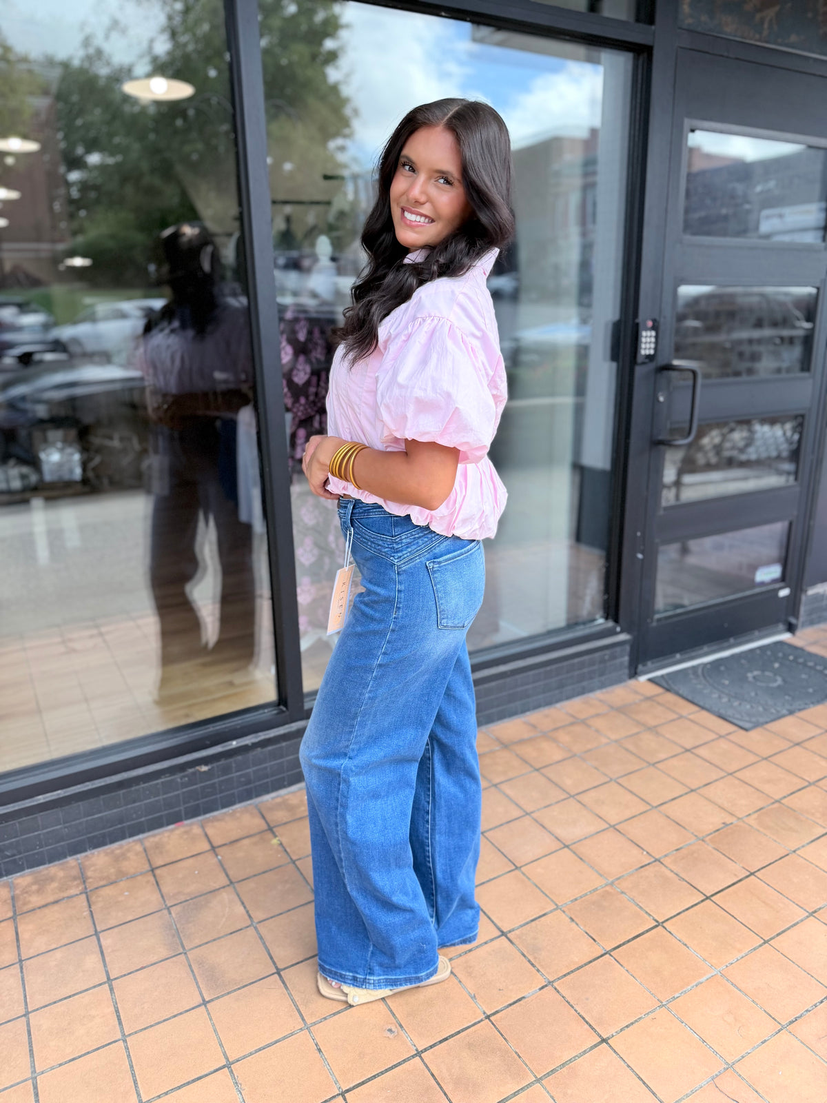 Pink Puff Sleeve Bubble Hem Blouse