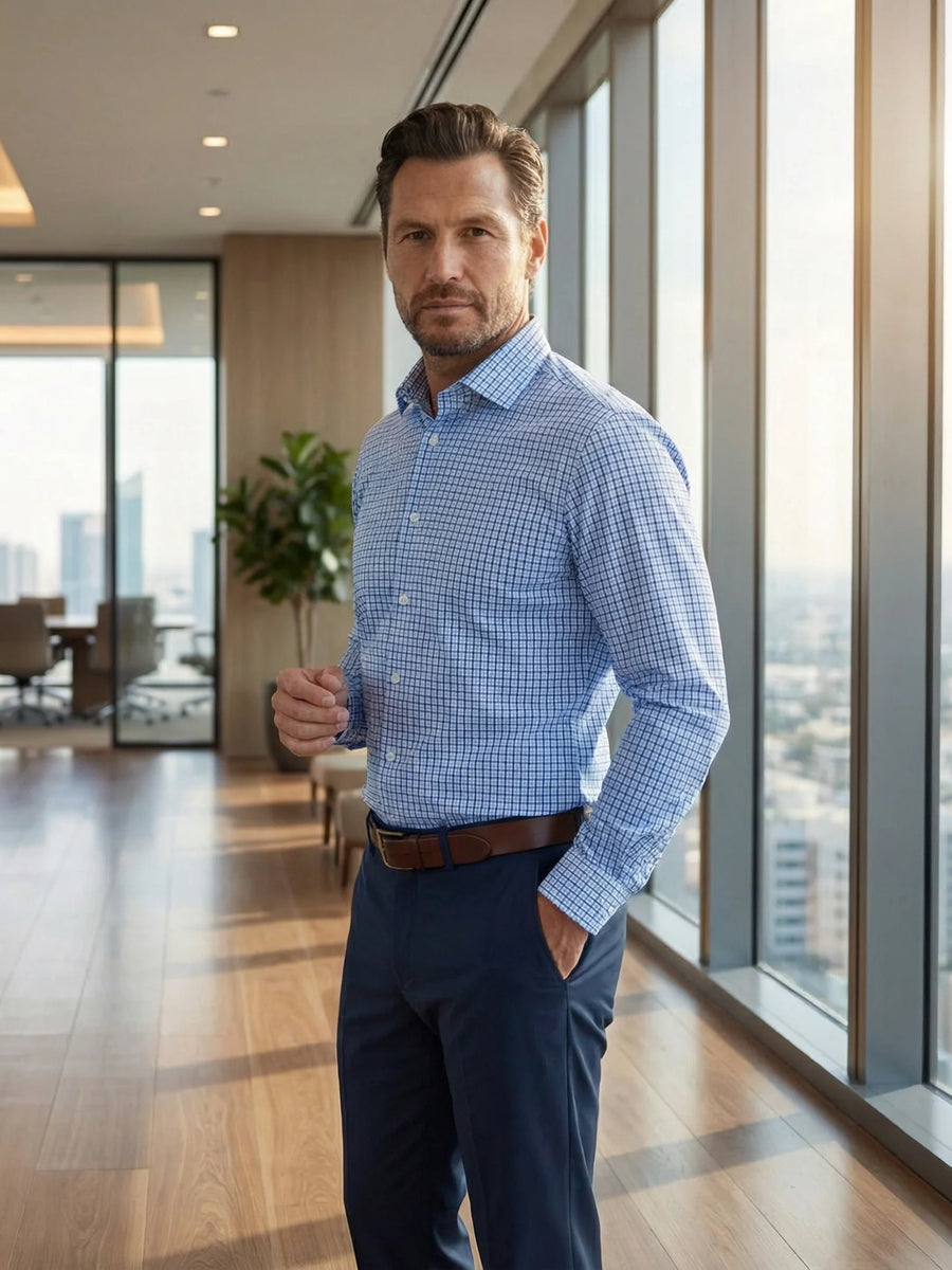 Apex Performance Dress Shirt Semi-Spread Collar Vincento Blue Tattersall