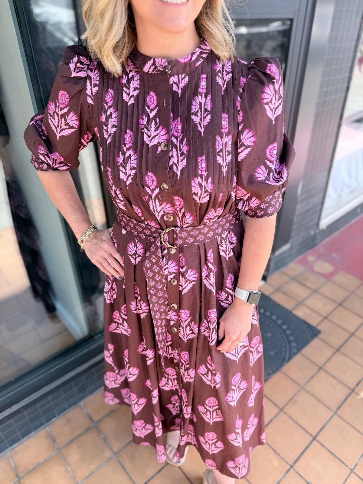 Plum Floral Belted Midi Dress