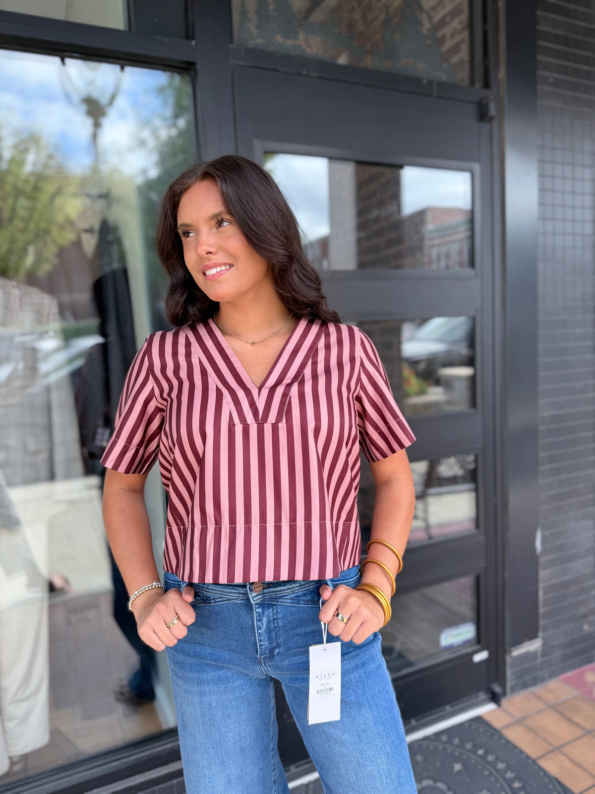 Burgundy & Pink Striped V-Neck Top
