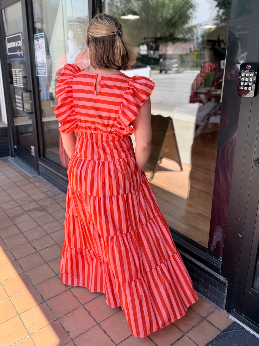 Coral & Pink Stripe Flutter Sleeve Tiered Maxi Dress