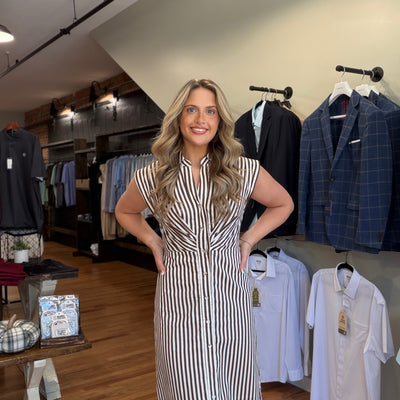 Brown & Ivory Striped Button-Front Midi Dress