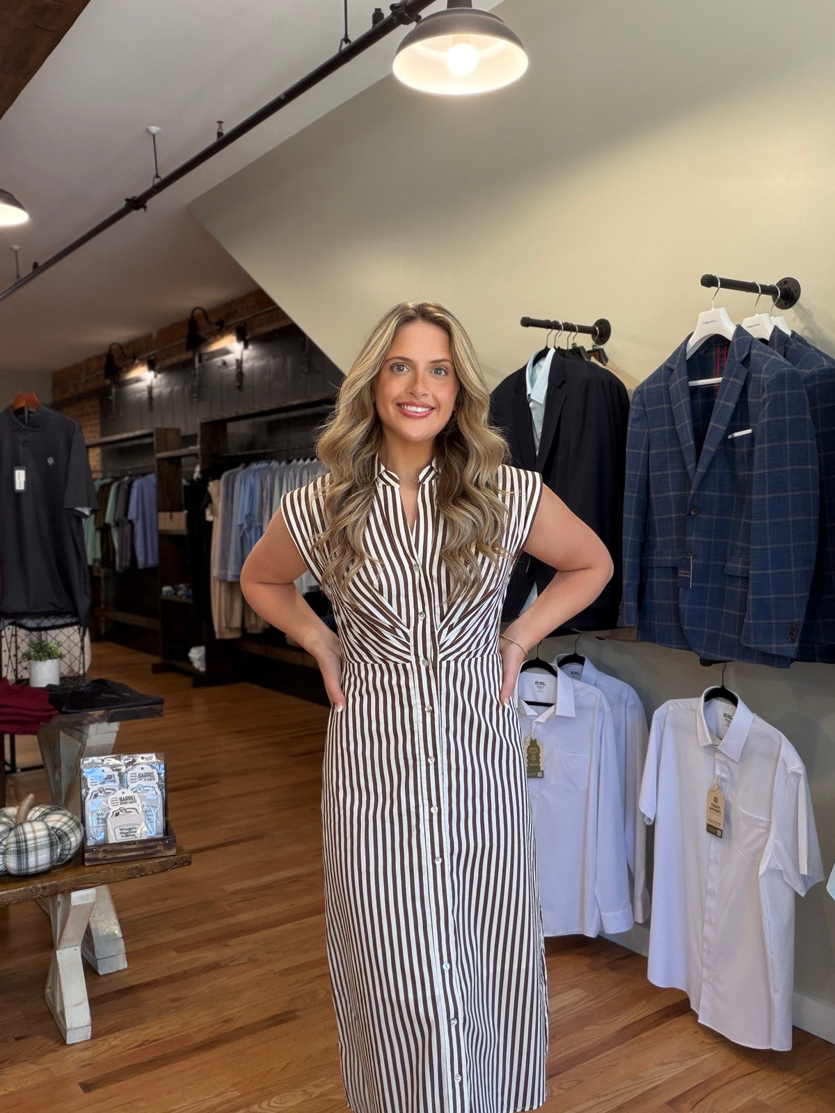 Brown & Ivory Striped Button-Front Midi Dress