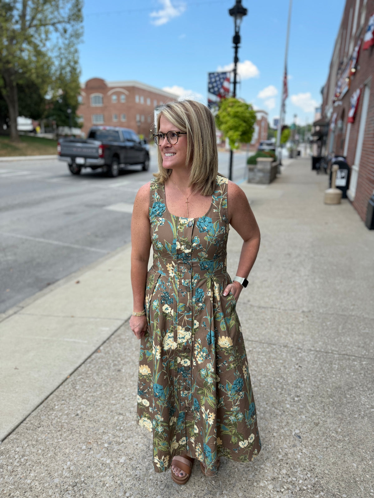 Mocha Vintage Floral Button-Front Midi Dress