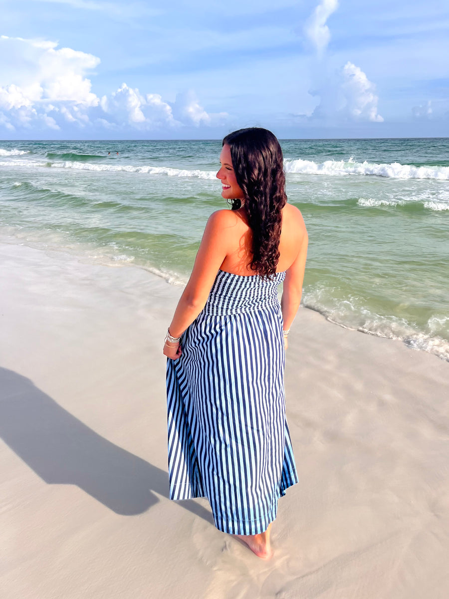 Navy & Blue Strapless Stripe Midi Dress
