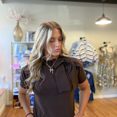 Chocolate Bow Detail Short Sleeve Sweater