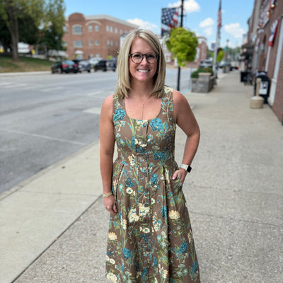Mocha Vintage Floral Button-Front Midi Dress