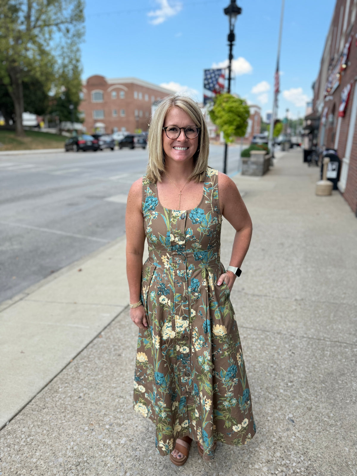 Mocha Vintage Floral Button-Front Midi Dress