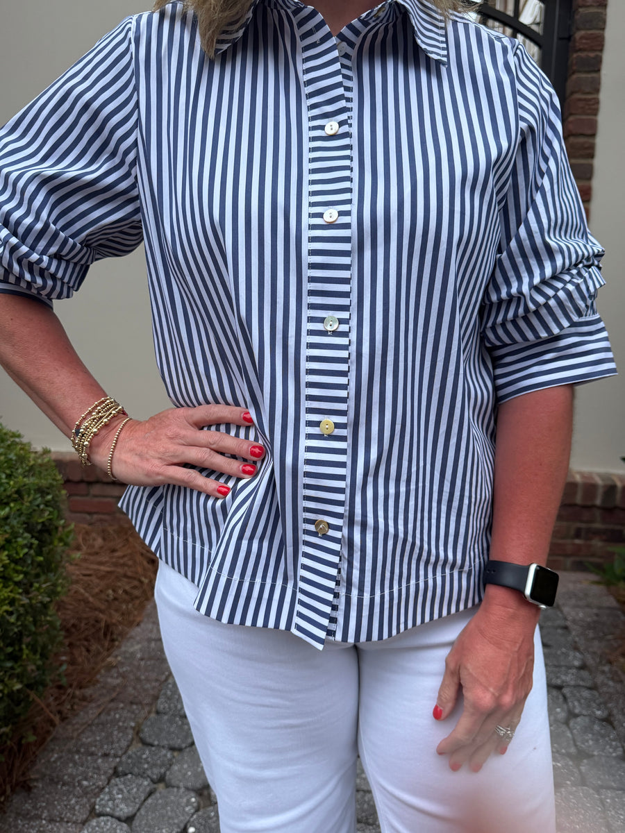 Classic Blue & White Striped Button Front Blouse