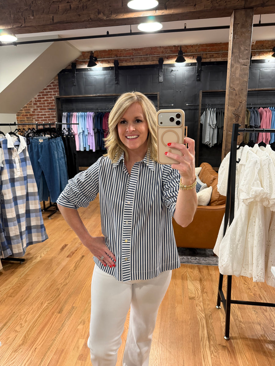 Classic Blue & White Striped Button Front Blouse