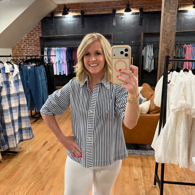 Classic Blue & White Striped Button Front Blouse