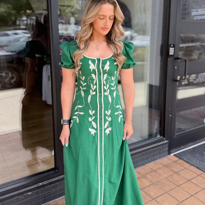 Emerald Green Embroidered Maxi Dress