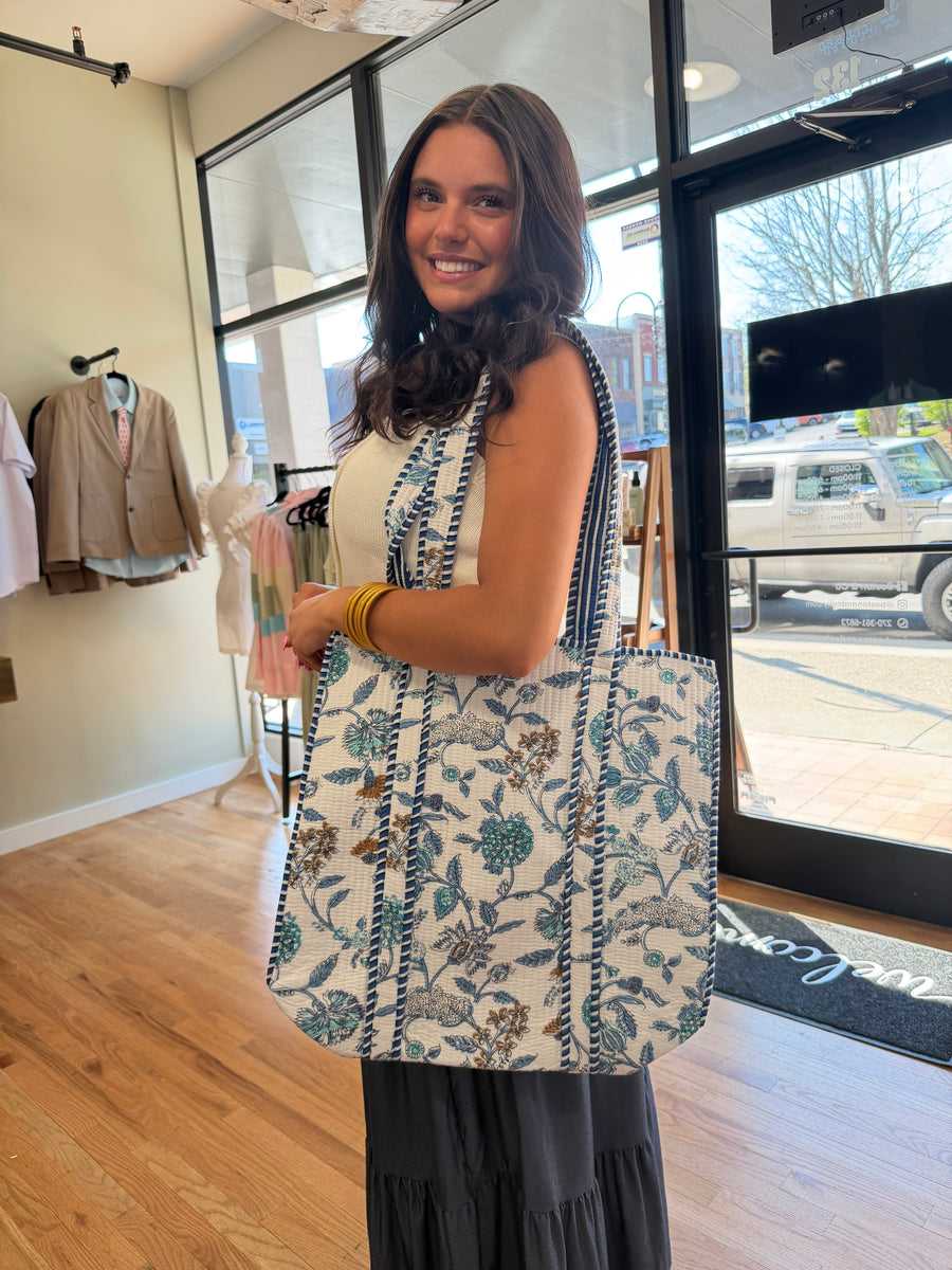 Sasha Blue and White Floral Tote Bag