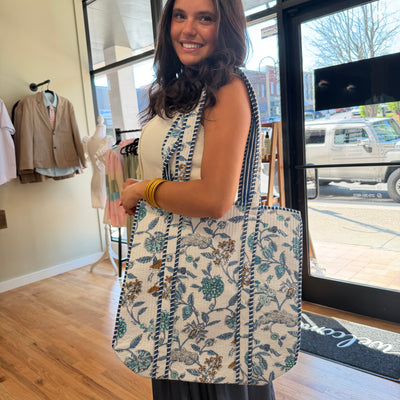 Sasha Blue and White Floral Tote Bag