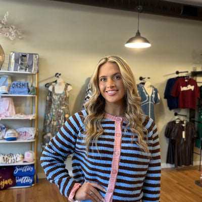 Blue & Chocolate Striped Button-Up Cardigan