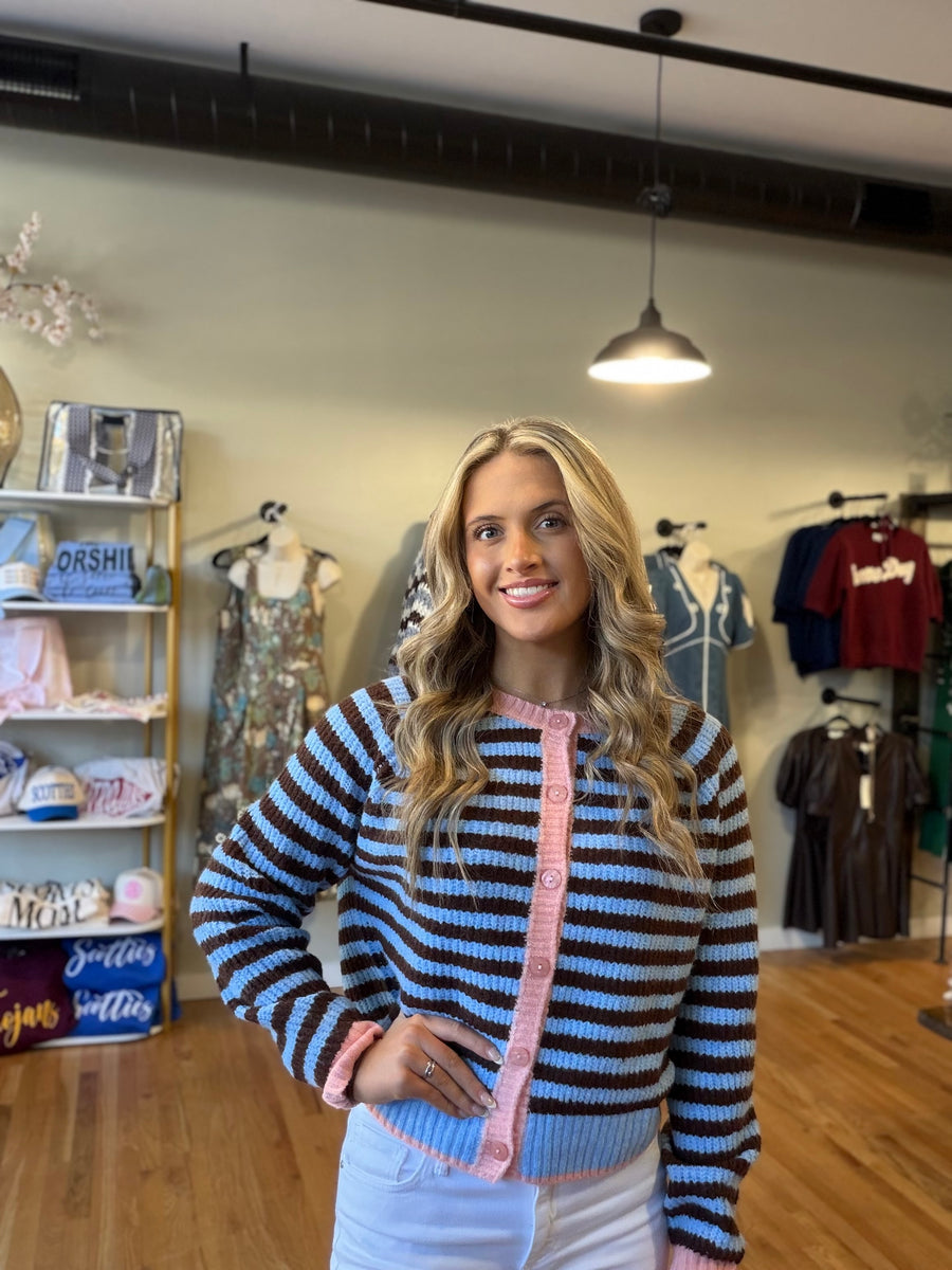 Blue & Chocolate Striped Button-Up Cardigan