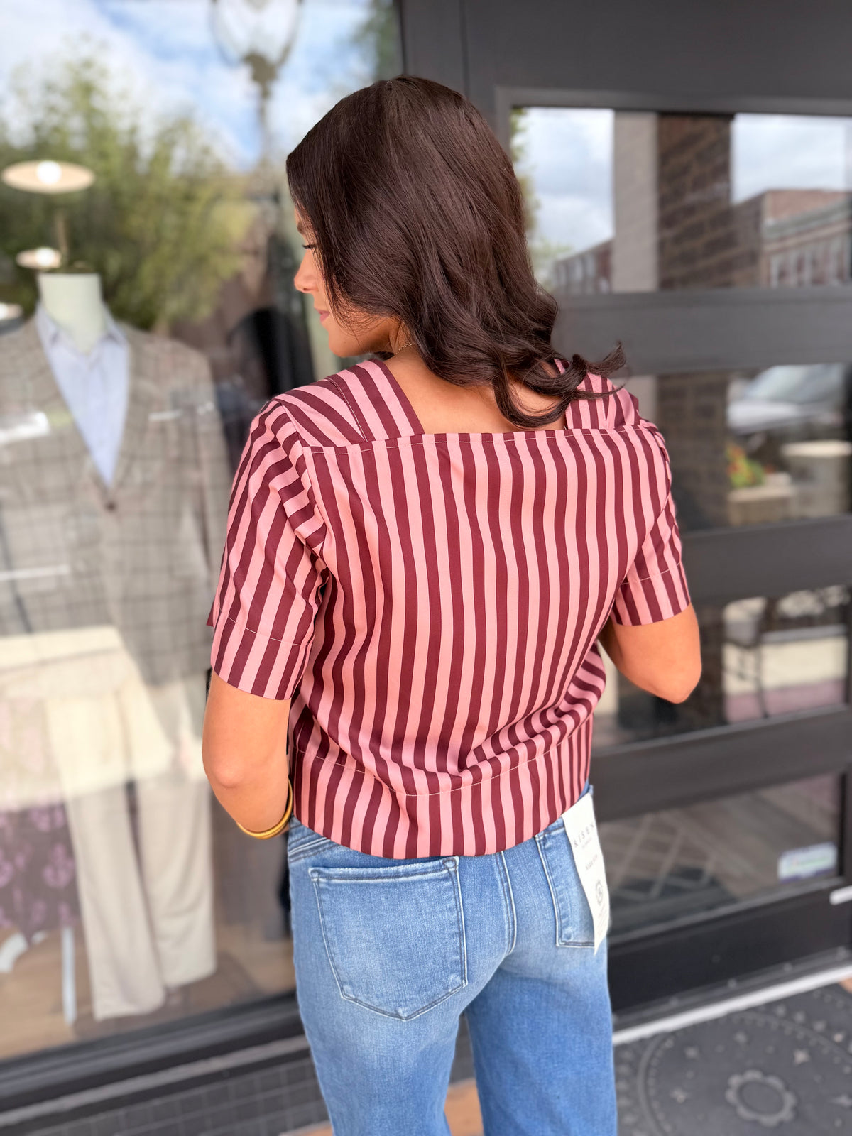 Burgundy & Pink Striped V-Neck Top