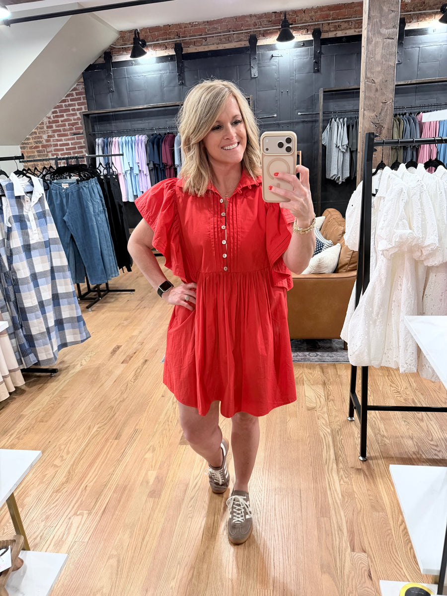 Ruffled Sleeve Pintuck Solid Mini Dress