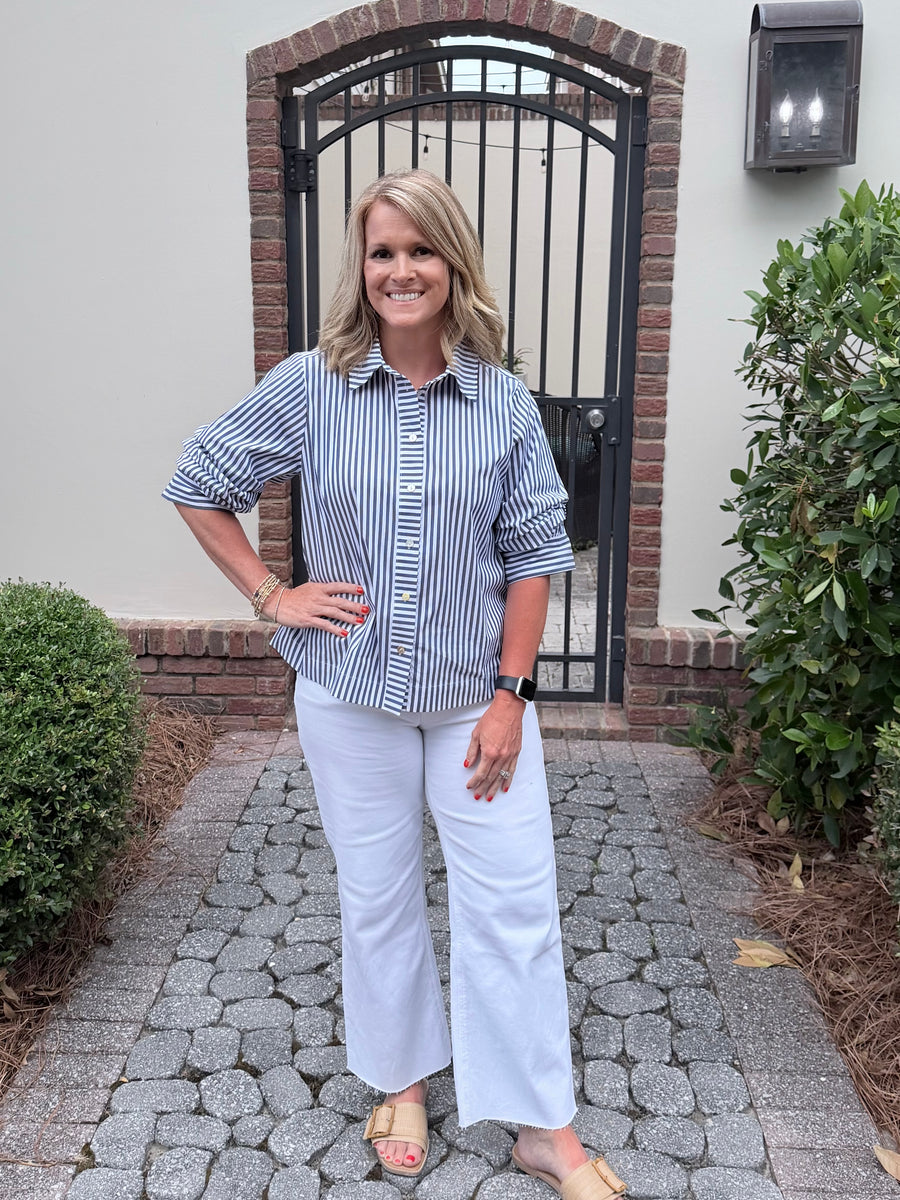 Classic Blue & White Striped Button Front Blouse