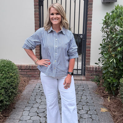 Classic Blue & White Striped Button Front Blouse
