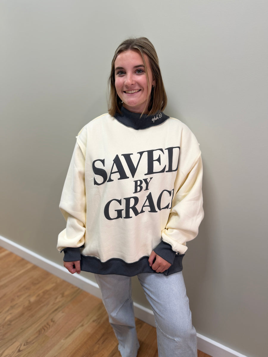 Saved By Grace Oversized Graphic Mockneck