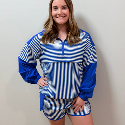 Royal Blue Stripe Quarter Zip Pullover & Shorts Set