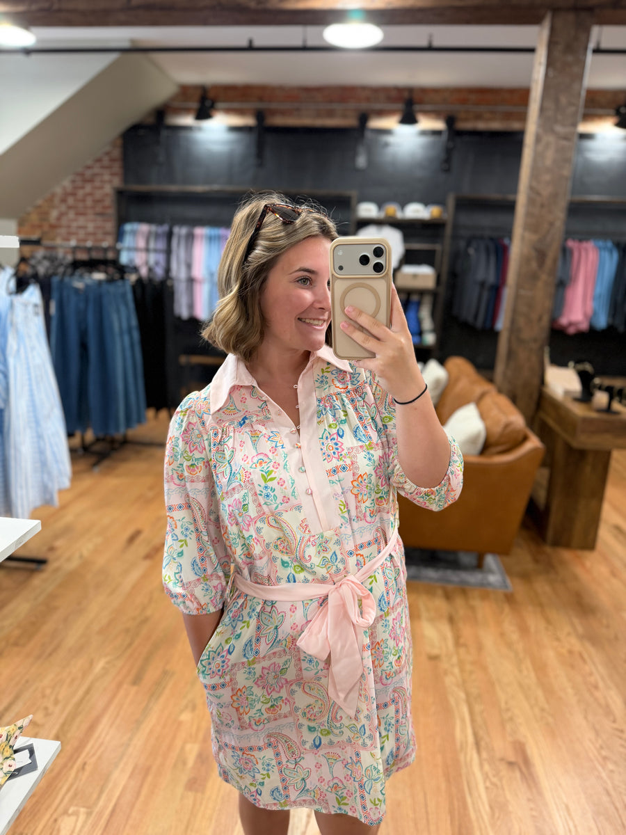 Blush Floral Patchwork Tie-Waist Mini Dress