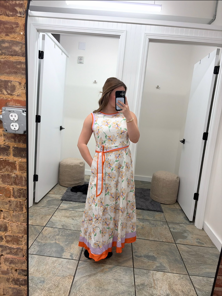 Floral Border Print Tie Waist Maxi Dress
