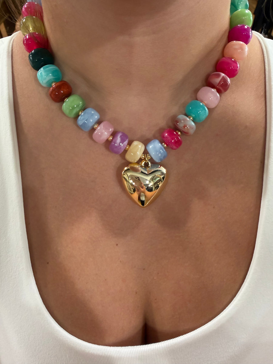 Multicolor Beaded Heart Pendant Necklace