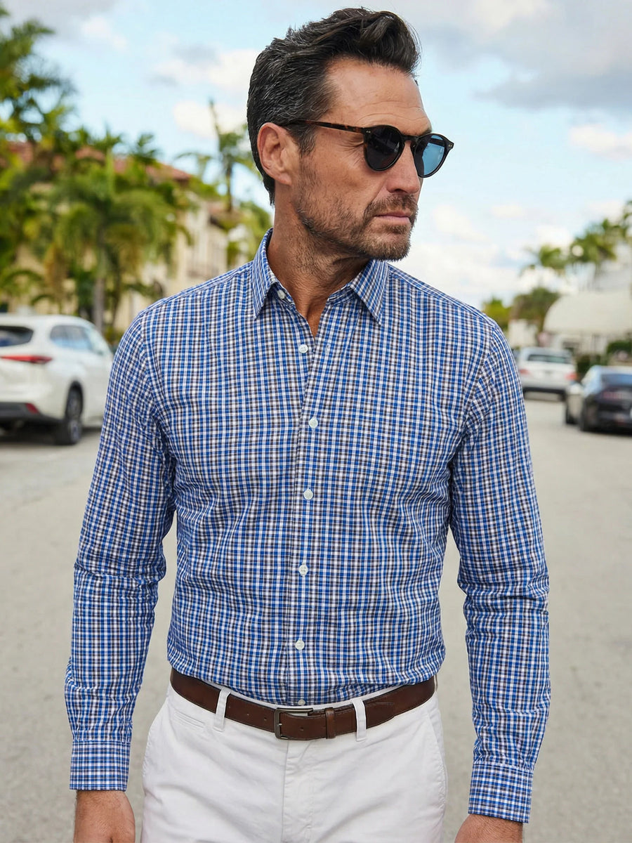 Apex Performance Dress Shirt Semi-Spread Collar Royal and Brown Tattersall