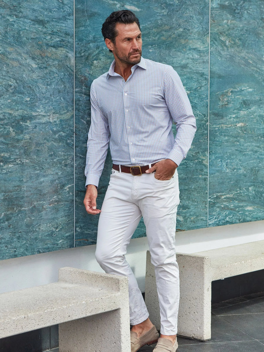 Apex Performance Dress Shirt Semi-Spread Collar Tan and Blue Tattersall
