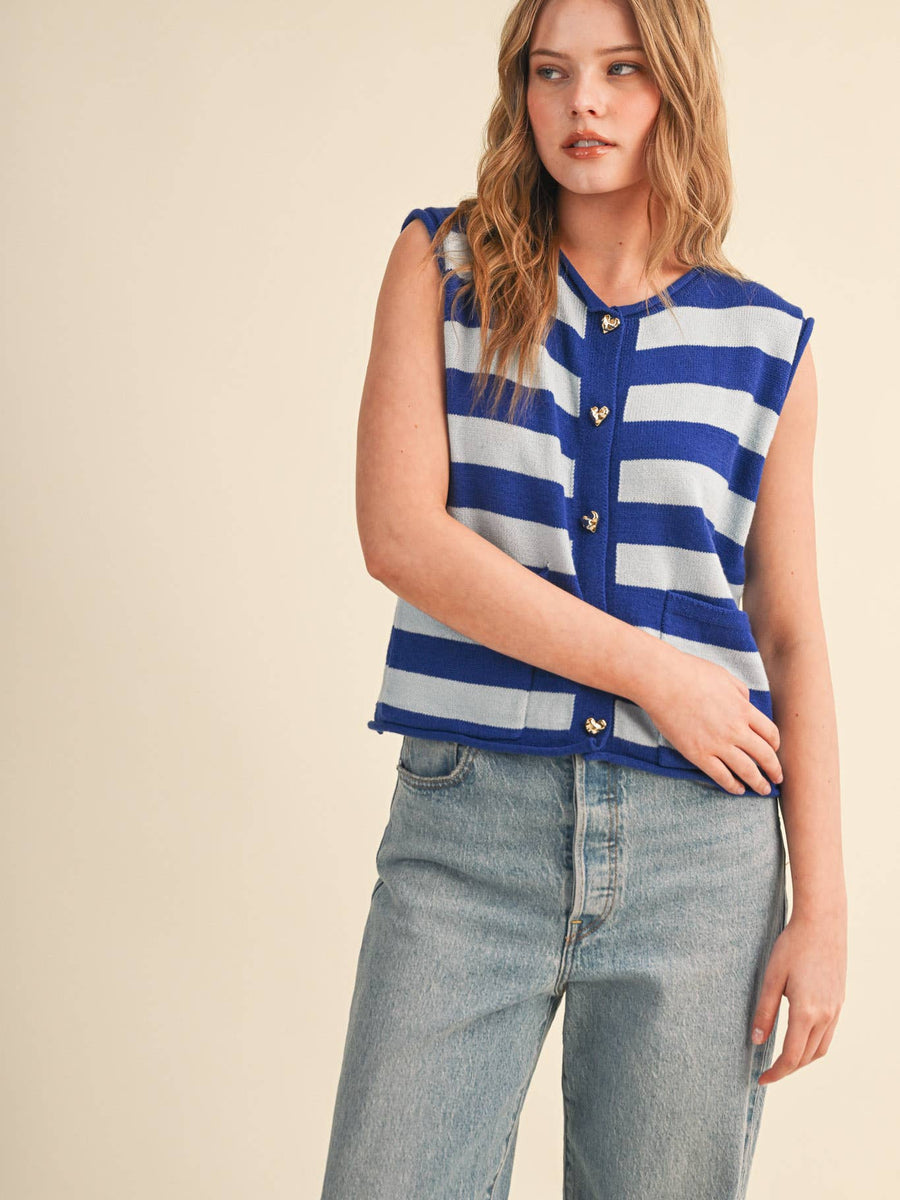 Blue & White Striped Knit Sweater Vest