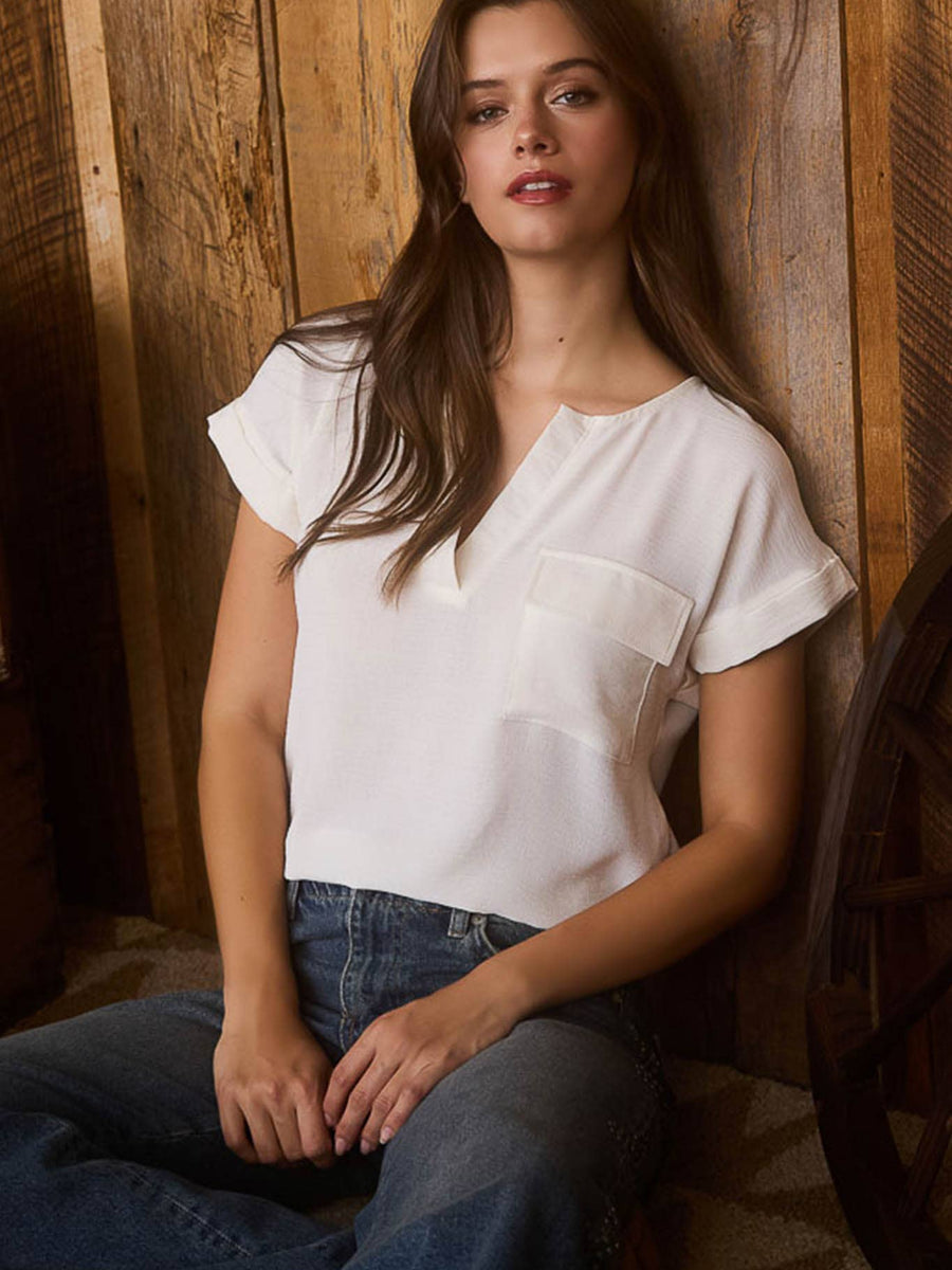Short sleeve split neck top