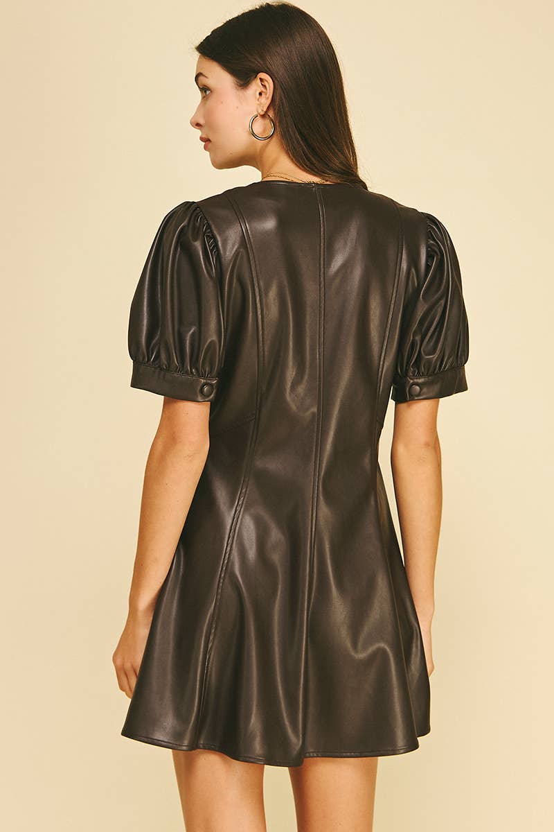Espresso Faux Leather Puff Sleeve Dress