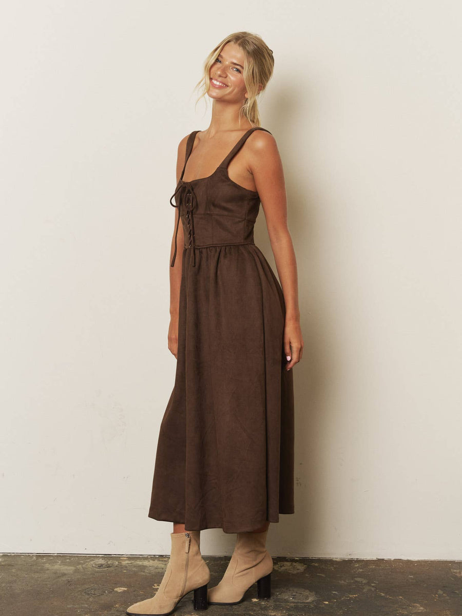 Chocolate Brown Lace-Up Midi Dress
