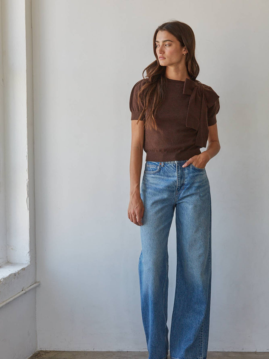 Chocolate Bow Detail Short Sleeve Sweater