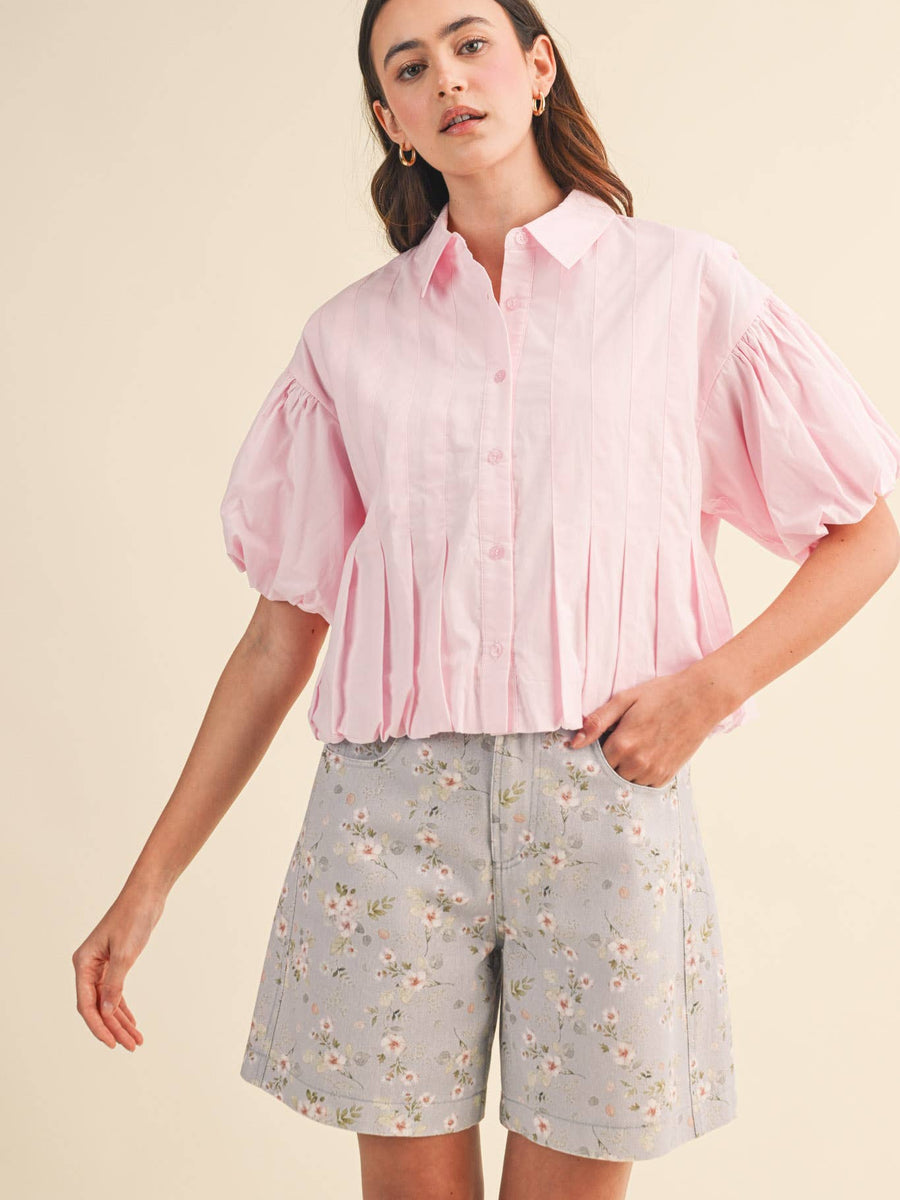 Pink Puff Sleeve Bubble Hem Blouse