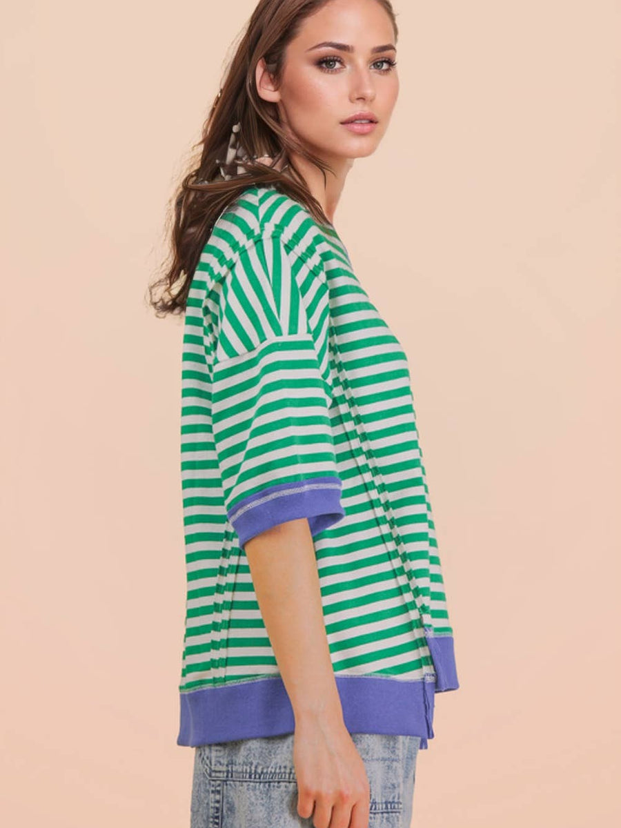 Kelly Green & Royal Blue Striped Relaxed Sweatshirt Top