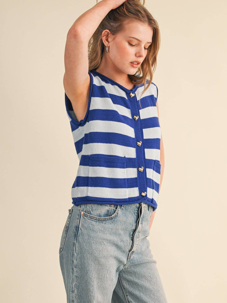 Blue & White Striped Knit Sweater Vest